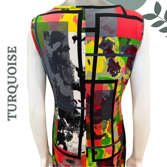 🛍️3/$40 Turquoise Multicolor Modern Art Dress | Graphic Sleeveless Fit | Medium - Picture 6 of 7